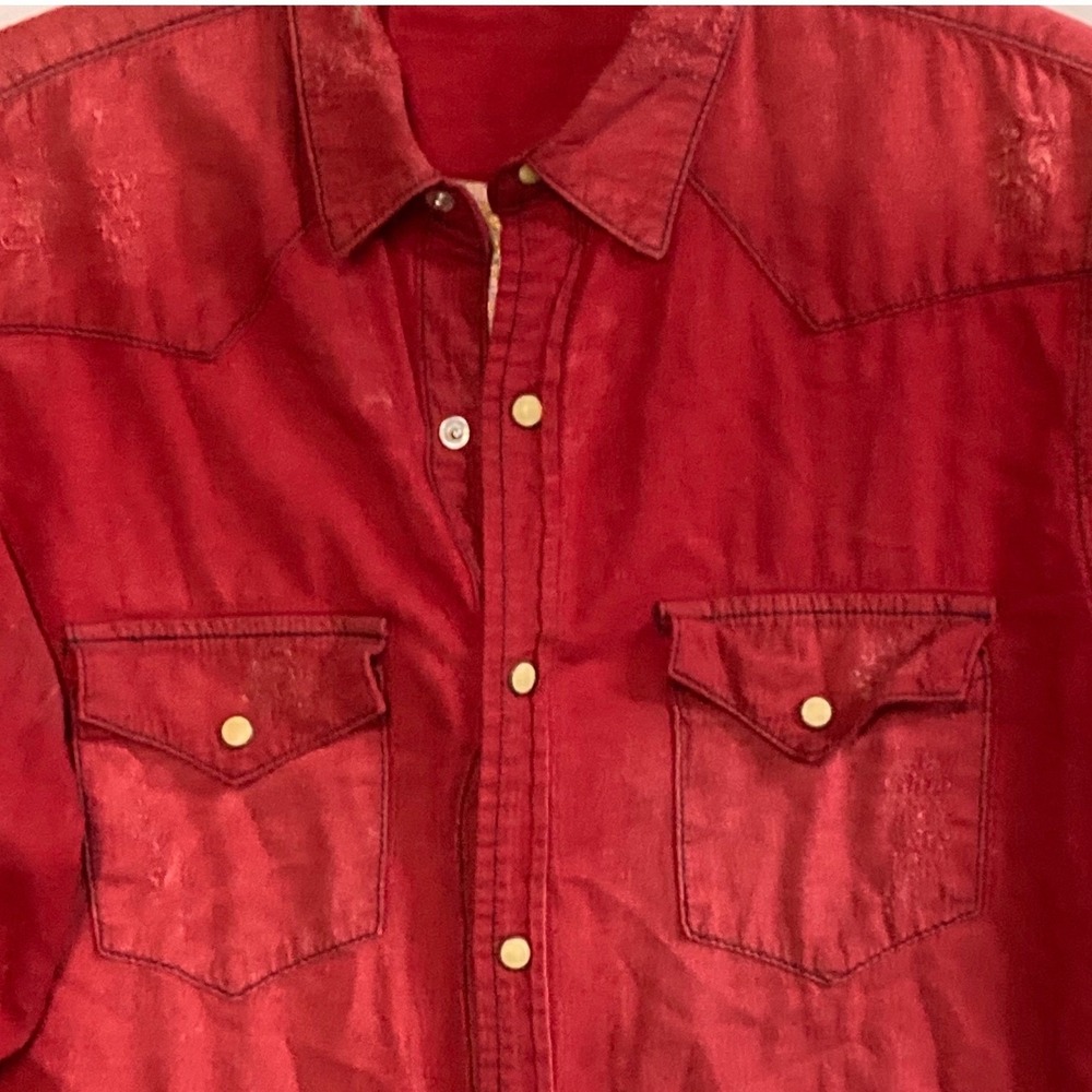 Robins Jean Mens Red Western Pearl Snap Distressed Wing Logo Shirt Small USA - Picture 4 of 8